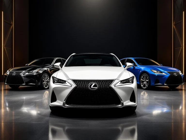 Luxe Lexus auto's in wit, zwart, zilver en blauw in elegante showroom met dramatische verlichting
