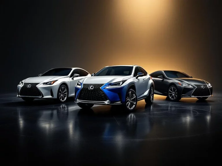 Drie premium Lexus auto's in driehoeksformatie op zwarte ondergrond met dramatische studiobelichting en reflecties