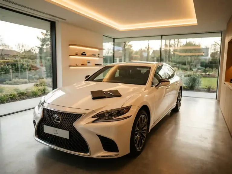 Witte Lexus sedan in moderne showroom met verzekeringsdocument op motorkap