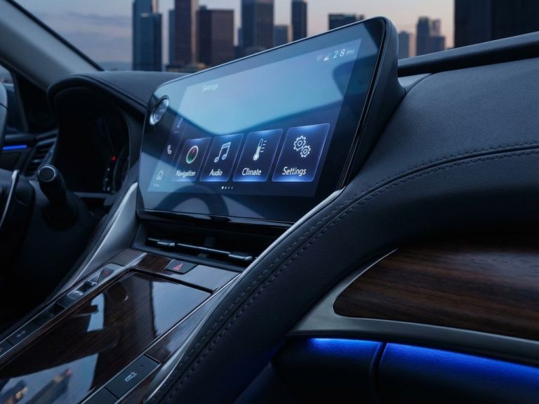 Lexus dashboard met moderne infotainment touchscreen, leren bekleding en blauwe LED-verlichting in luxe interieur
