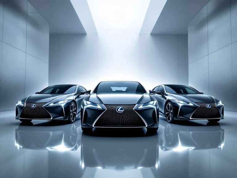 Drie Lexus elektrische auto's in driehoekformatie op witte studioachtergrond met dramatische verlichting