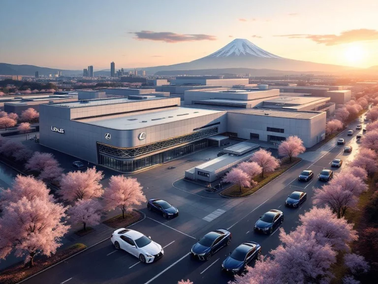 Luchtfoto van moderne Lexus autofabriek in Japan met kersenbloesembomen en Mount Fuji op de achtergrond