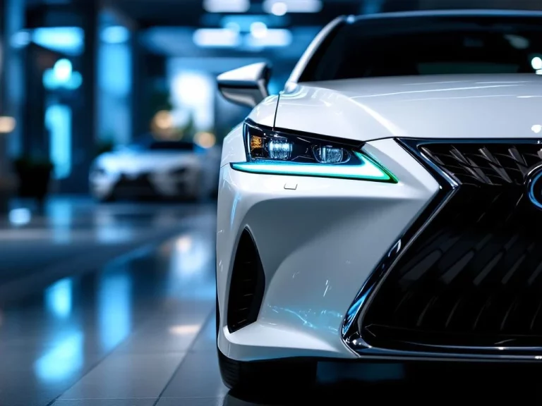 Parelwitte Lexus hybride auto in luxe showroom met LED-koplampen en kenmerkende grille