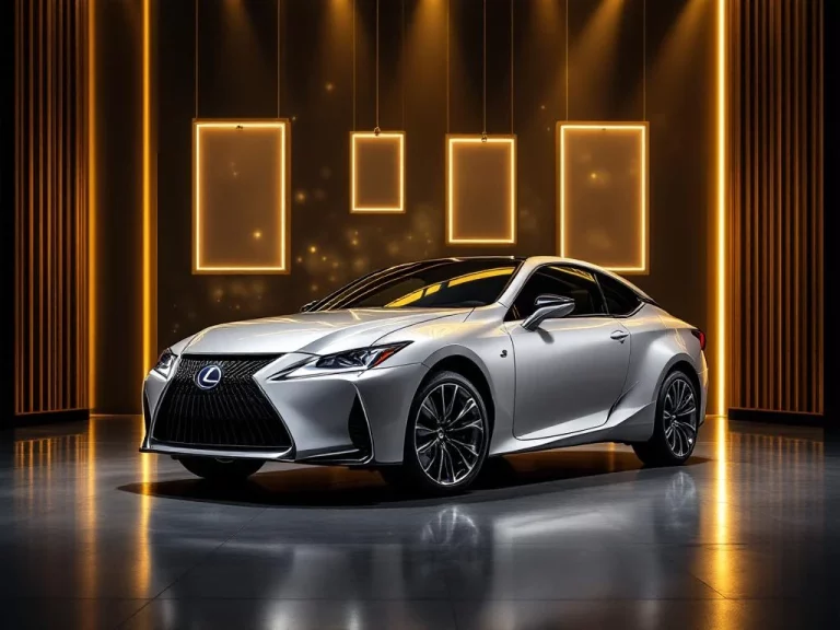 Zilveren Lexus hybride compactwagen in luxe showroom met gouden verlichting en prijskaartjes op achtergrond