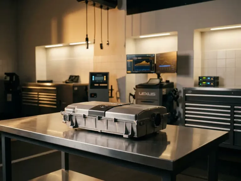 Lexus hybride batterijpakket op gepolijste aluminium servicetafel in luxe autowerkplaats met diagnostische apparatuur