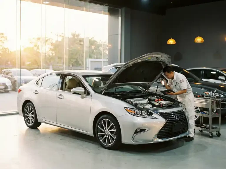 Zilveren Lexus hybride sedan met geopende motorkap toont hybride motor terwijl technicus in witte uniform onderhoud uitvoert in moderne werkplaats