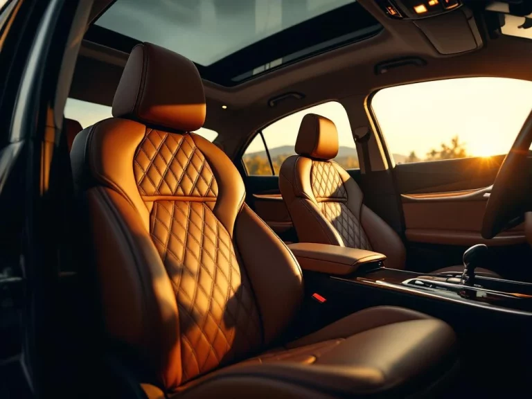 Luxe Lexus sedan interieur met cognac leren stoelen, diamant-gestikt patroon, donkere houtaccenten en warme sfeerverlichting