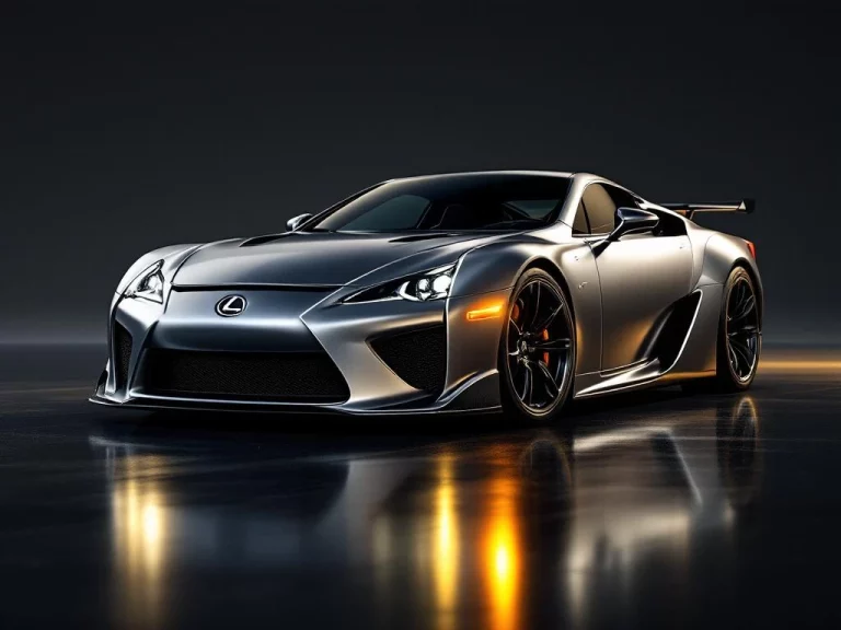 Zilveren Lexus LFA supercar in drie-kwart hoek met aerodynamische lijnen op glanzende zwarte ondergrond