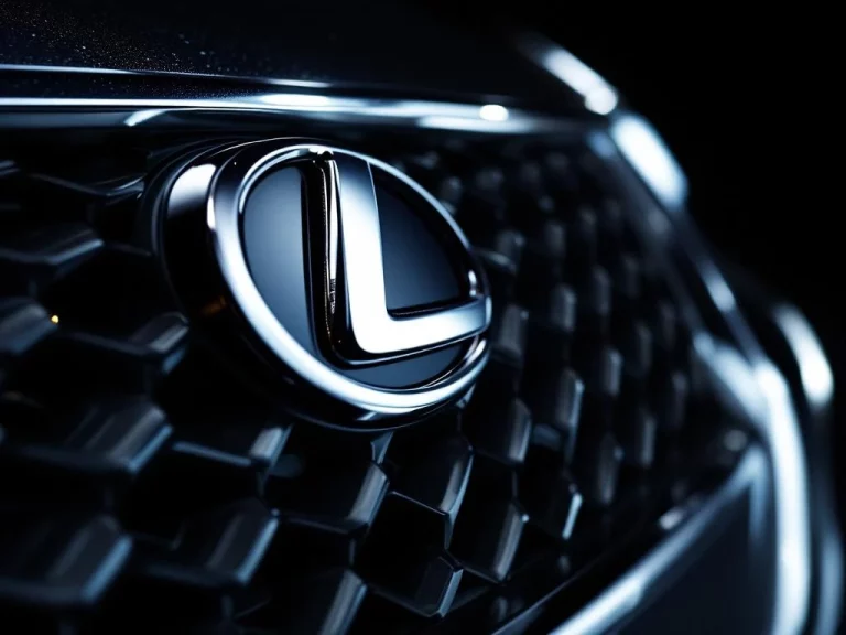 Lexus logo en grille close-up met dramatische studiobelichting op zwarte achtergrond, chroom reflecties zichtbaar