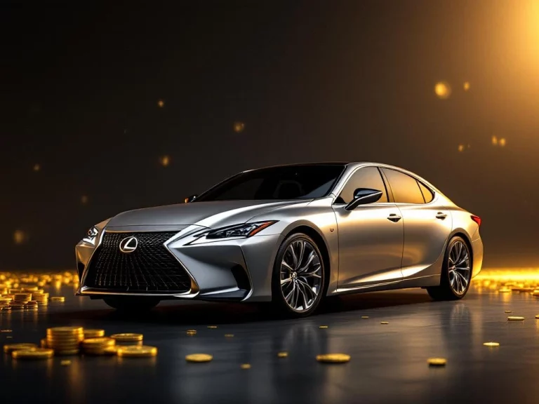 Luxe zilveren Lexus sedan met gouden verlichting en financiële elementen zoals munten en grafieken op donkere achtergrond