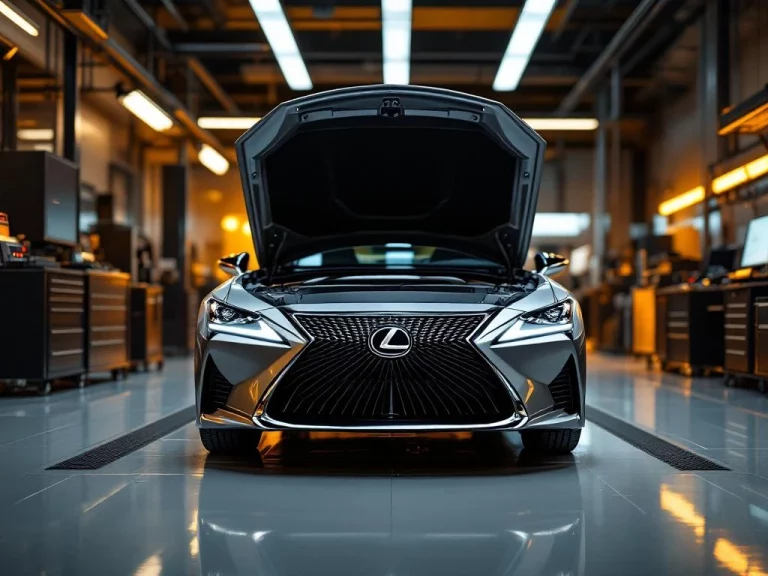 Lexus luxe sedan met open motorkap in moderne garage met professionele verlichting en diagnostische apparatuur