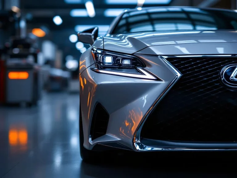 Zilveren Lexus luxe sedan in showroom met kenmerkende spindle grille en LED-koplampen, professionele verlichting
