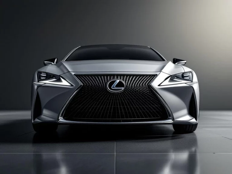 Zilveren Lexus luxe sedan met kenmerkende grille en LED-koplampen in showroom met dramatische studiobelichting