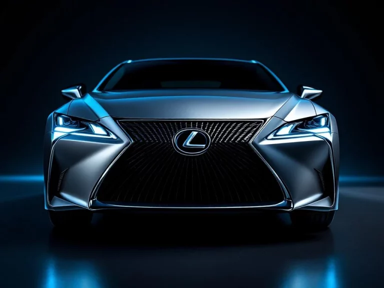 Zilveren Lexus luxe sedan in drie-kwart hoek met spindle grille en LED koplampen tegen donkere achtergrond