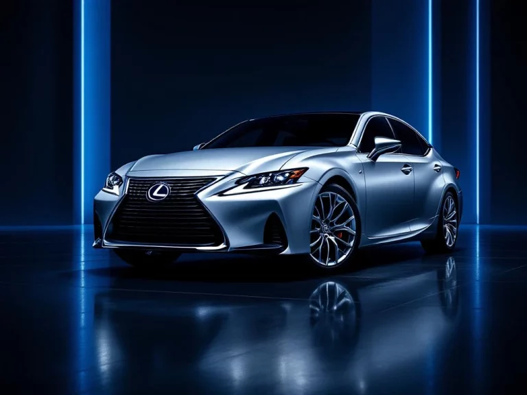 Zilveren Lexus luxe sedan met verlichte LED-koplampen en chromen grille tegen donkere achtergrond met blauwe accenten