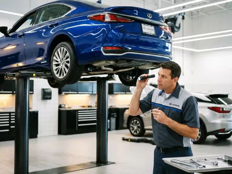 Lexus sedan op hydraulische lift in witte servicebay, technicus inspecteert onderkant met gereedschap