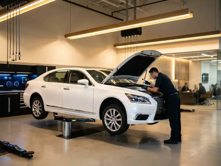Witte Lexus sedan in moderne servicewerkplaats met technicus die motorruimte inspecteert onder chromen hefbrug