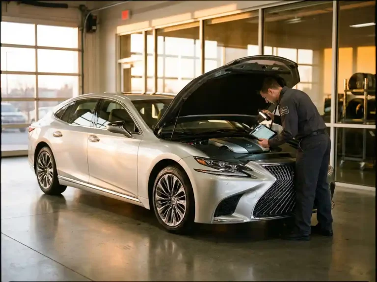 Gecertificeerde monteur inspecteert motorruimte van zilveren Lexus sedan in moderne luxe servicehal met glazen wanden