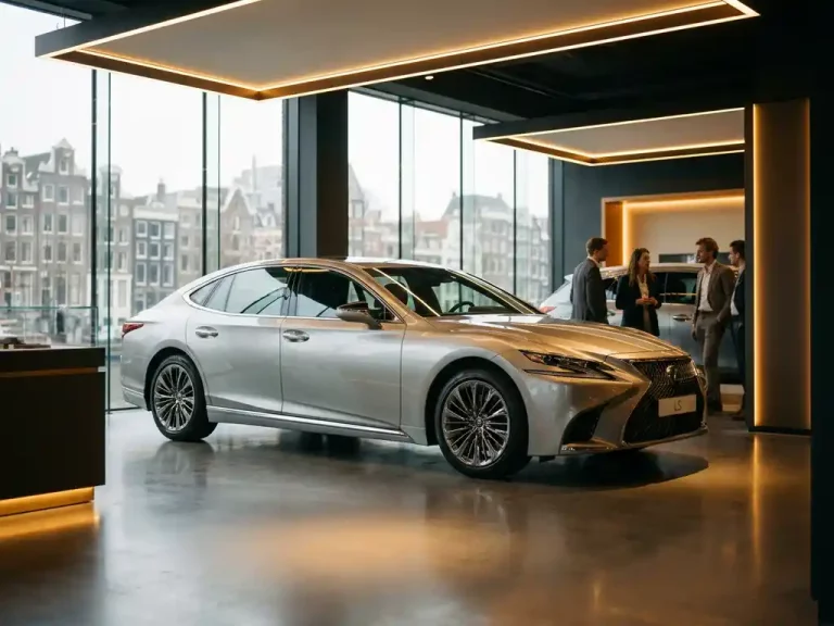 Zilveren Lexus sedan in moderne Nederlandse showroom met grachtenhuizen op achtergrond door grote ramen