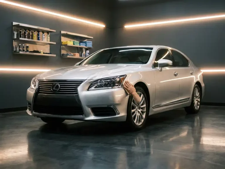 Zilveren Lexus sedan in luxe garage met gepolijste betonvloeren en LED-verlichting