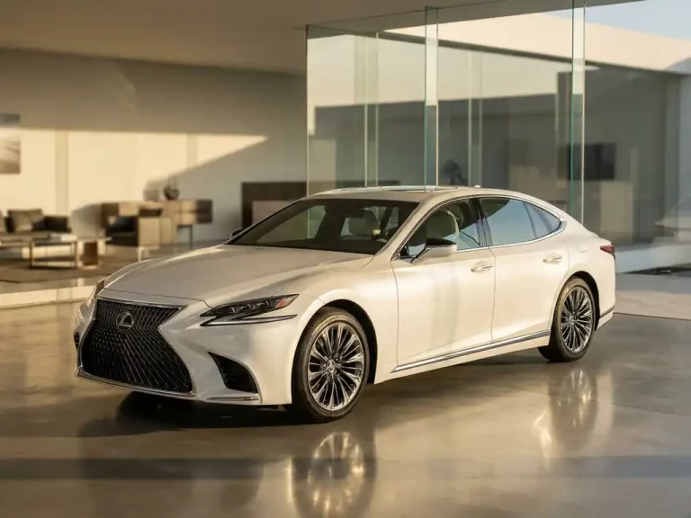 Witte Lexus sedan in luxe showroom met gouden zonlicht door grote ramen en reflecties op gepolijste betonvloer