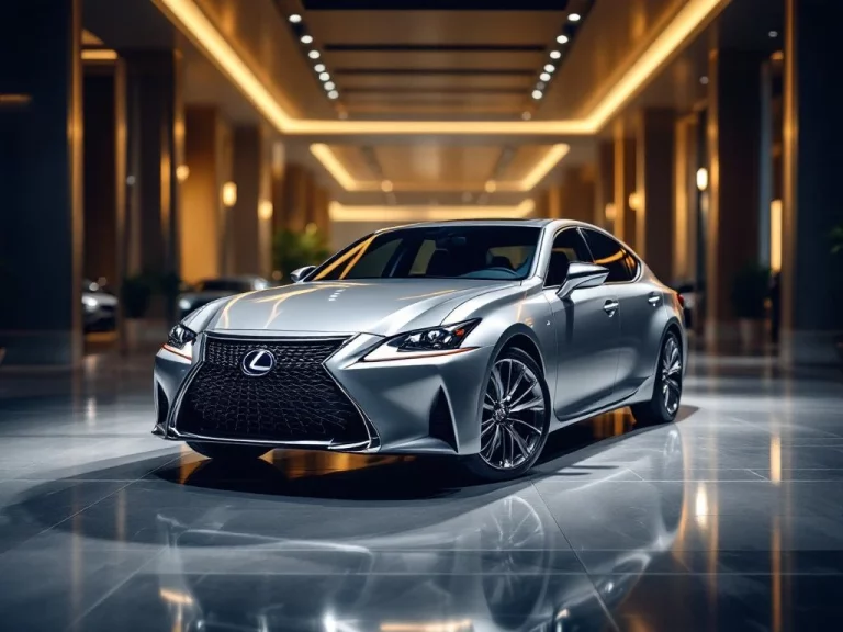 Zilveren Lexus sedan in luxe showroom met marmeren vloer en dramatische verlichting, toont premium kwaliteit