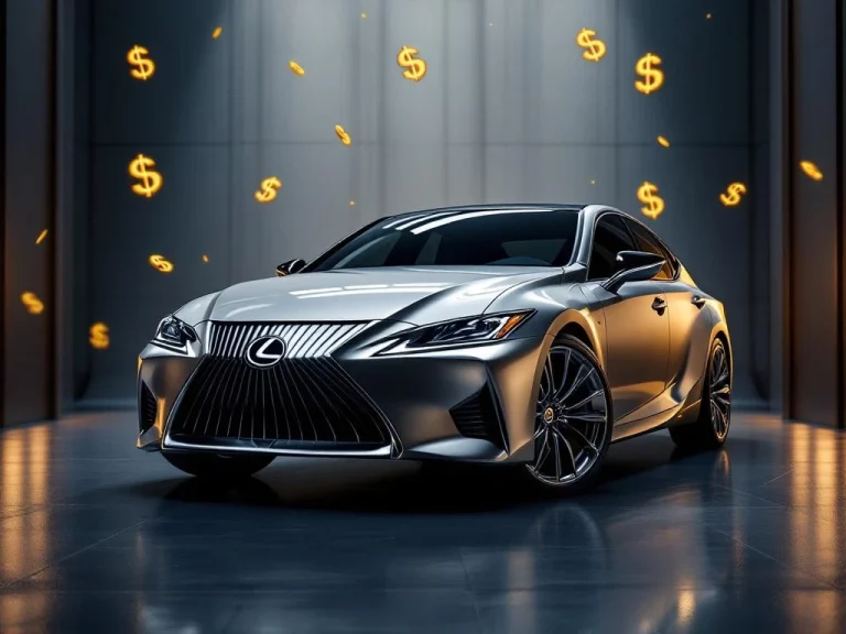 Zilveren Lexus sedan in luxe showroom met gouden prijslabels, dramatische belichting en elegante driekleur compositie