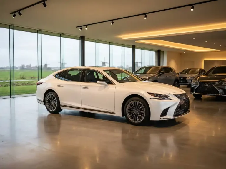 Witte Lexus sedan in moderne showroom met betonnen vloeren en grote ramen met uitzicht op Nederlands landschap