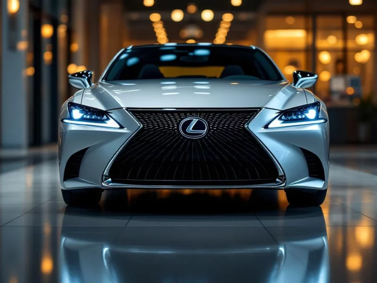 Zilveren Lexus sedan in showroom met kenmerkende spindlegrille en LED-koplampen, prijskaart zichtbaar