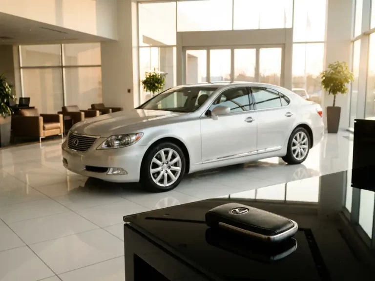 Zilveren Lexus sedan in moderne showroom met leren sleutelhanger op zwart bureau, natuurlijk licht door ramen