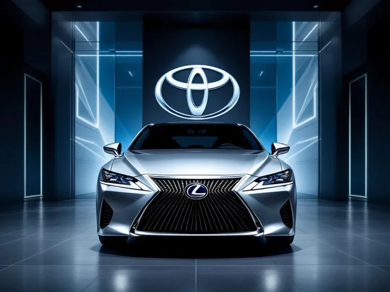 Zilveren Lexus luxe sedan in showroom met Toyota logo op achtergrond, professionele studiobelichting en moderne details