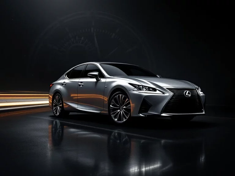 Zilveren Lexus sedan in driekwarthoek met spindle grille en LED-koplampen tegen donkere achtergrond in luxe showroom