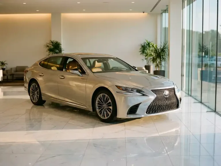 Zilveren Lexus sedan in moderne showroom met marmeren vloeren en natuurlijk licht door grote ramen