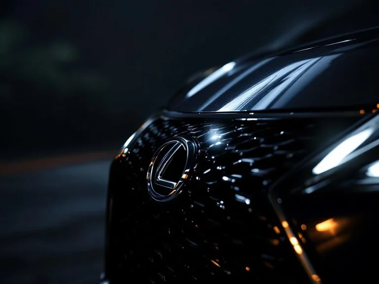 Lexus spindle grille en LED-koplampen in close-up met Toyota-logo op achtergrond, dramatische belichting