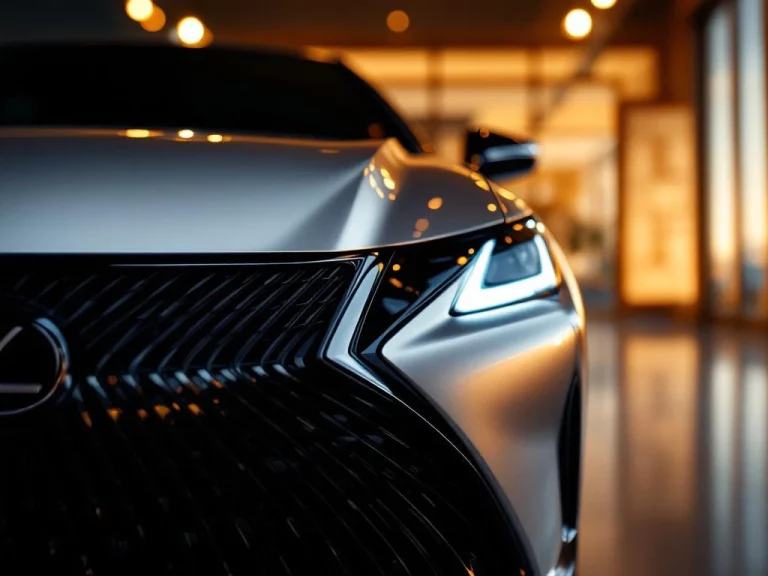 Lexus auto met kenmerkende spindle grille en LED-koplampen in luxe showroom met warm licht en geometrische achtergrond