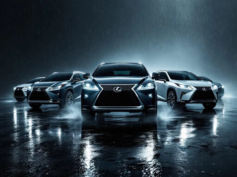 Luxe Lexus SUV's en crossovers met chroom grilles op nat asfalt, verlicht door dramatische studiobelichting