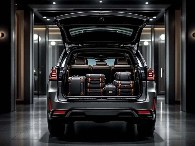Luxe Lexus SUV met volledig geopende bagageruimte vol premium koffers in elegante showroom met sfeerverlichting
