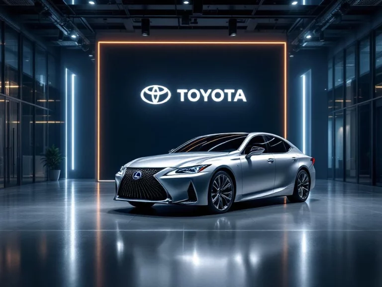 Zilveren Lexus luxe sedan in premium autoshowroom met Toyota logo en lichtstralen, navy blauw interieur