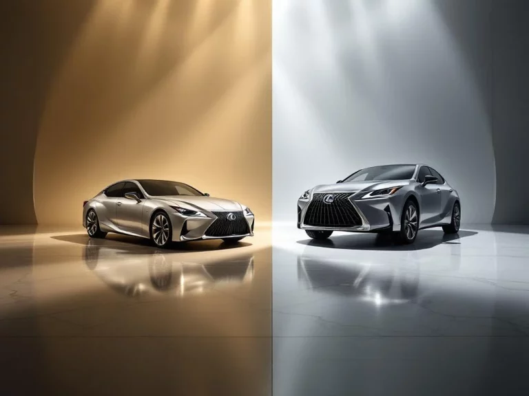 Zilveren Lexus luxe sedan en Toyota auto in moderne showroom met dramatische verlichting en marmeren vloer