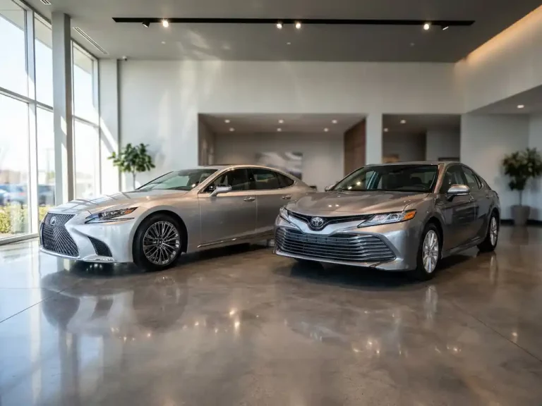 Twee glanzende sedans, een Lexus en Toyota, geparkeerd in moderne autoshowroom met heldere verlichting en gepolijste vloer