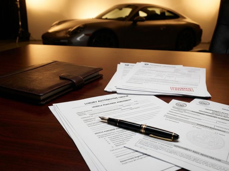 Luxe auto aankoopdocumenten op mahonie bureau met leren portfolio, Mont Blanc pen en sportwagen silhouet op achtergrond