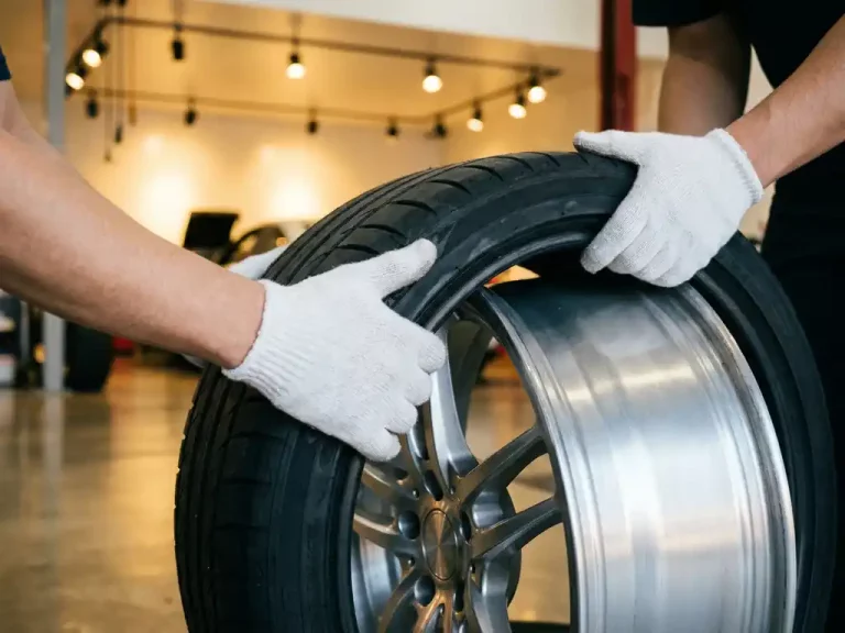 Monteur in witte handschoenen installeert high-performance band op glanzende lichtmetalen velg van luxe sportwagen in professionele garage