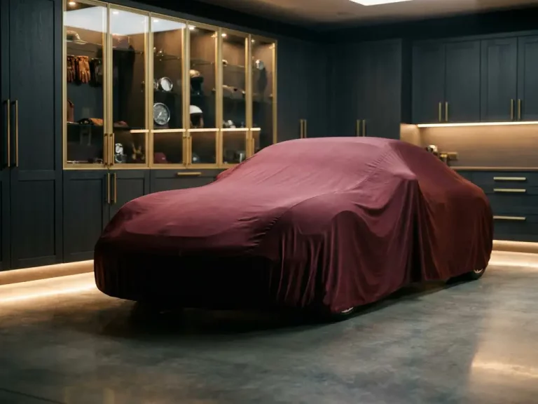 Luxe sportwagen onder zijden autohoes in klimaatgecontroleerde garage met gepolijste betonvloer en LED-verlichting