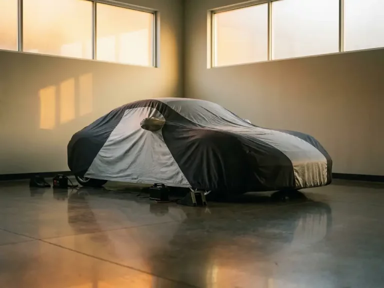 Zilveren sportwagen onder hoogwaardige autohoes in klimaatgecontroleerde garage met gepolijste betonvloer