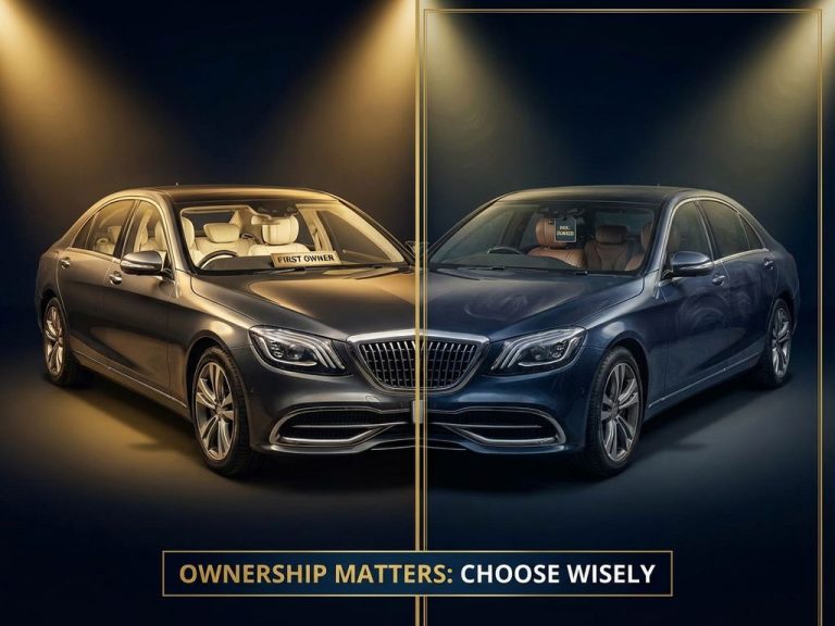 Twee luxe auto's zij aan zij: links een goed onderhouden eerstehands voertuig, rechts een licht versleten tweedehands auto