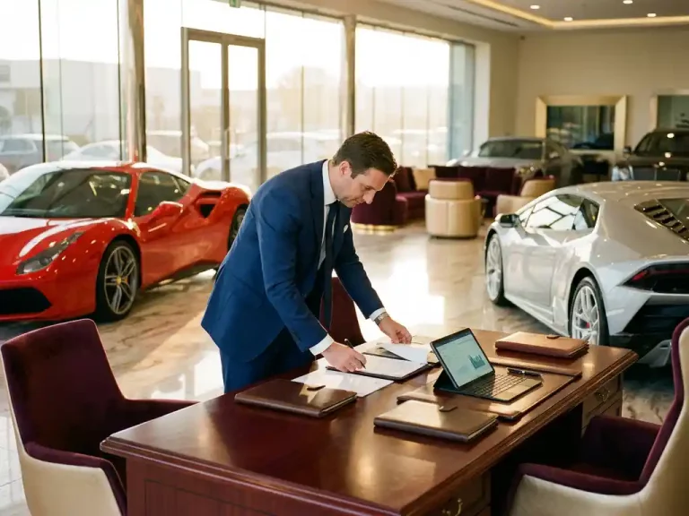 Luxe autoverkoper in marineblauw pak bekijkt financieringsdocumenten aan mahoniehout bureau in showroom met rode Ferrari en zilveren Lamborghini