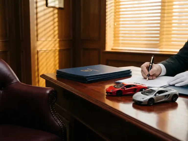 Mahonie bureau met vulpen die financiële documenten ondertekent naast miniatuur Lamborghini en McLaren sportwagens in gouden licht