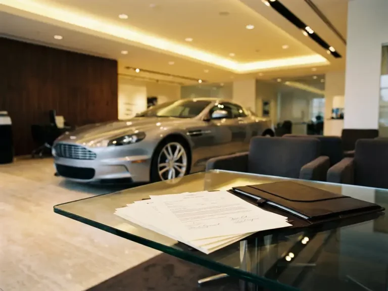 Luxe zilveren sportwagen in marmeren showroom met financieringsdocumenten en leren portfolio op glazen bureau