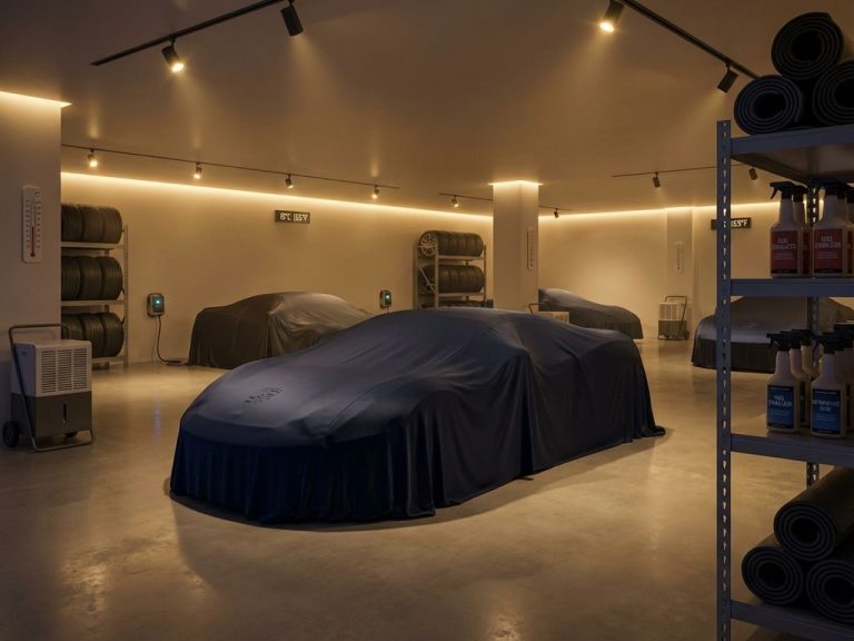 Luxe auto in marineblauwe beschermhoes in klimaatgecontroleerde garage met professionele winterstalling apparatuur