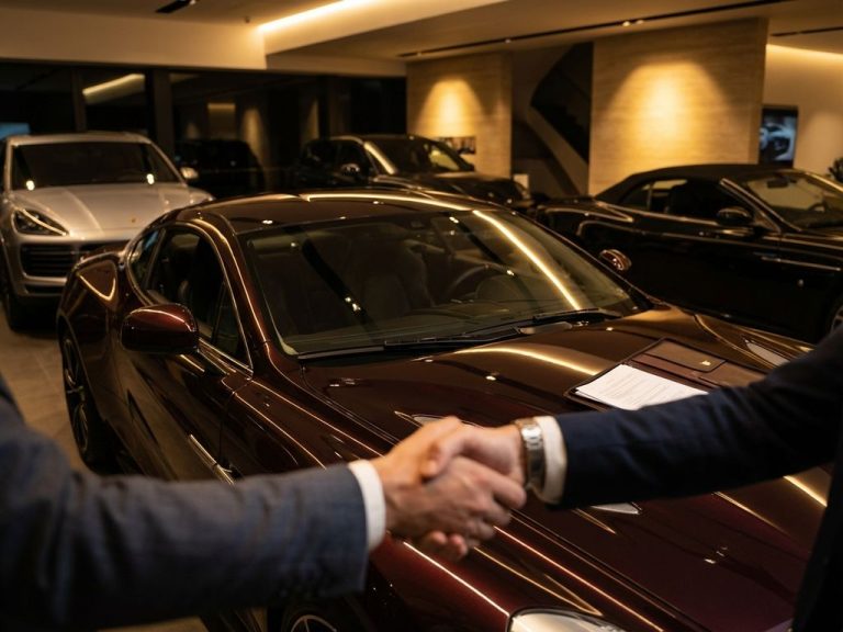 Handdruk over motorkap van luxe supercar in premium showroom met leren portfolio en warme verlichting